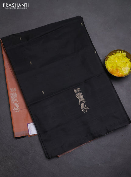 Banana pith saree black and dual shade of orange with thread woven buttas in borderless style