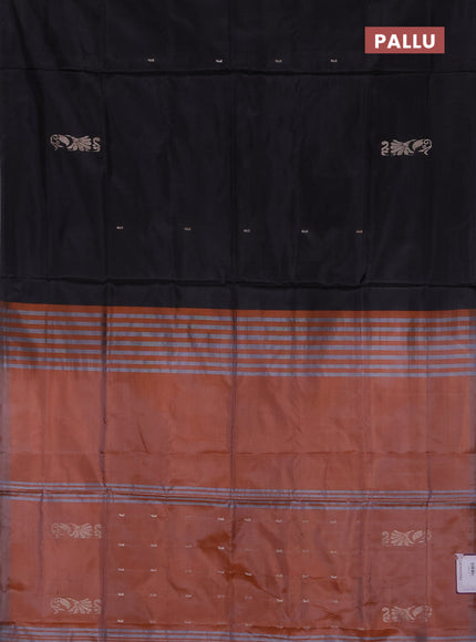 Banana pith saree black and dual shade of orange with thread woven buttas in borderless style