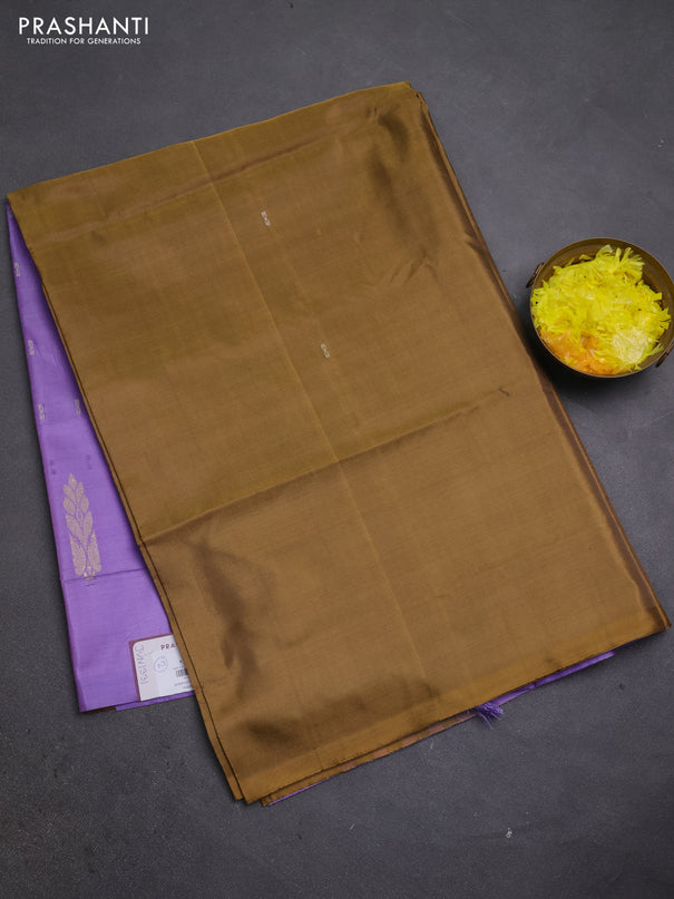 Banana pith saree mustard yellow and lavender with thread woven buttas in borderless style