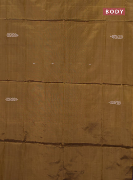 Banana pith saree mustard yellow and lavender with thread woven buttas in borderless style