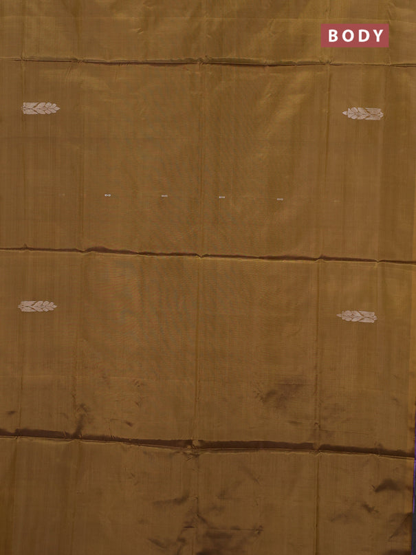 Banana pith saree mustard yellow and lavender with thread woven buttas in borderless style