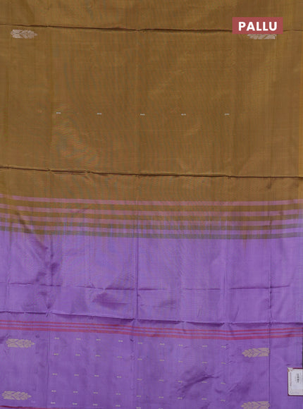 Banana pith saree mustard yellow and lavender with thread woven buttas in borderless style