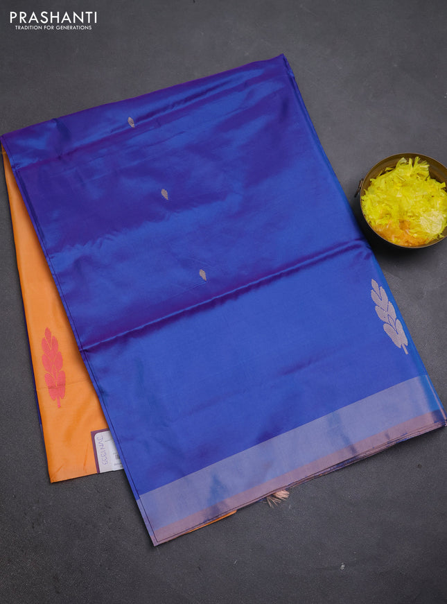 Banana pith saree blue and peach orange with thread woven buttas and simple border