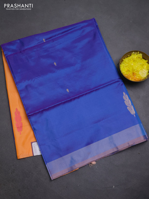 Banana pith saree blue and peach orange with thread woven buttas and simple border