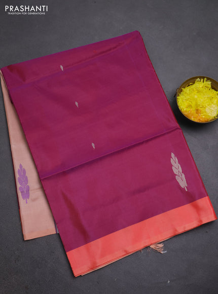 Banana pith saree magenta pink and peach shade with thread woven buttas and simple border