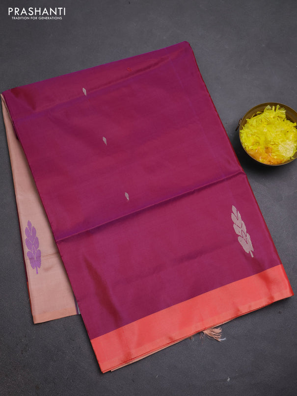 Banana pith saree magenta pink and peach shade with thread woven buttas and simple border