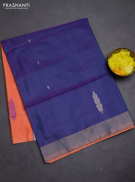 Banana pith saree navy blue and peach orange with thread woven buttas and simple border