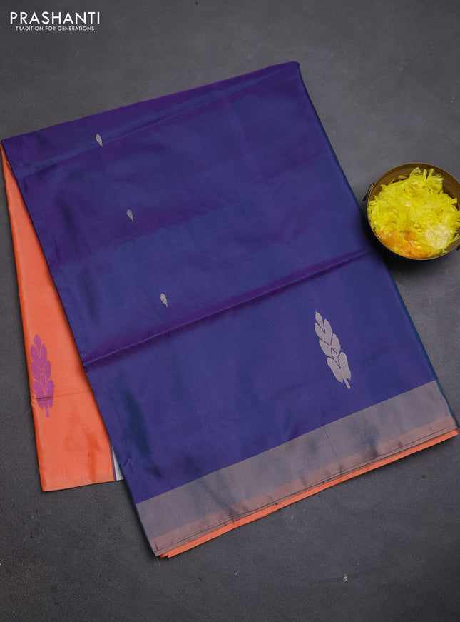Banana pith saree navy blue and peach orange with thread woven buttas and simple border