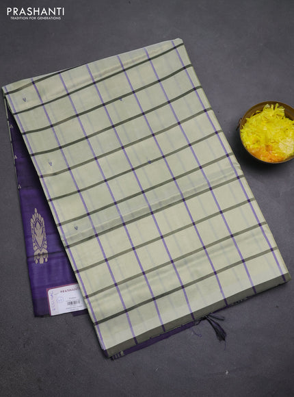 Banana pith saree beige and violet with allover checked pattern and piping border