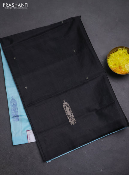 Banana pith saree black and teal blue with thread woven buttas in borderless style