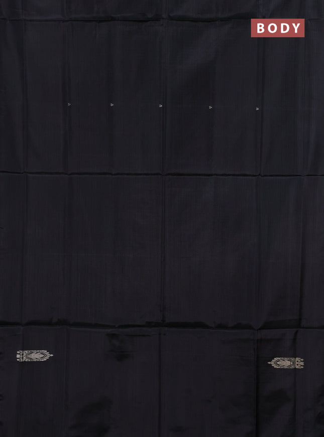 Banana pith saree black and teal blue with thread woven buttas in borderless style