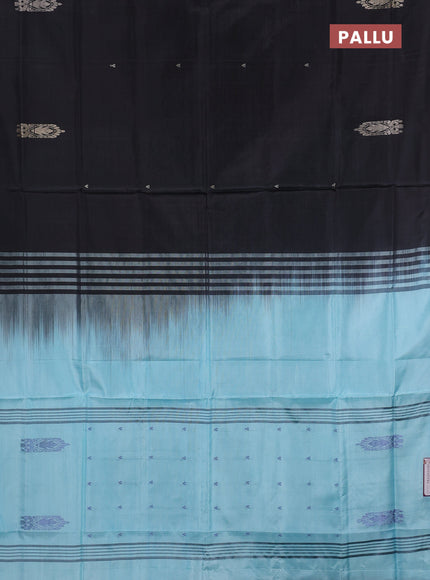 Banana pith saree black and teal blue with thread woven buttas in borderless style