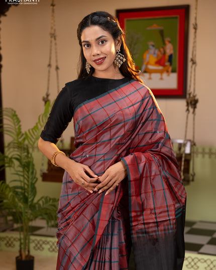Banana pith saree red and elephant grey with allover checked pattern and piping border