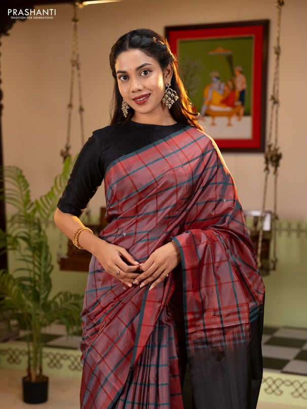 Banana pith saree red and elephant grey with allover checked pattern and piping border