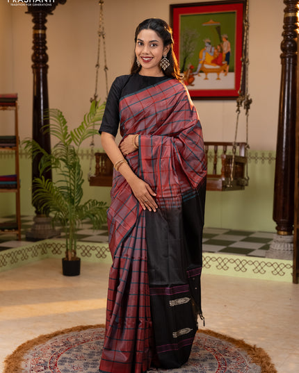 Banana pith saree red and elephant grey with allover checked pattern and piping border