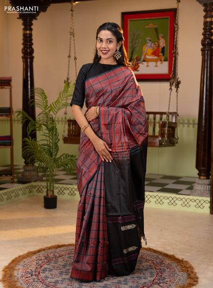 Banana pith saree red and elephant grey with allover checked pattern and piping border
