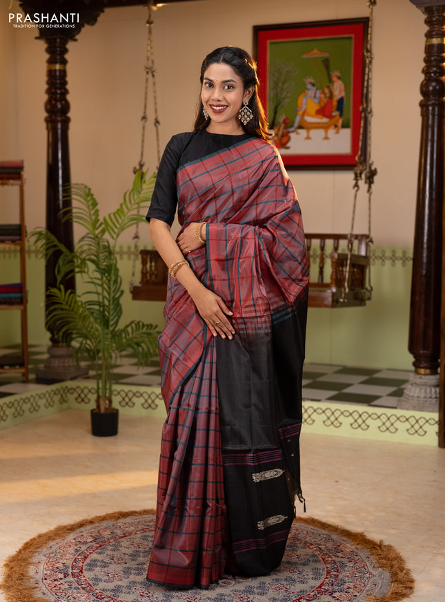 Banana pith saree red and elephant grey with allover checked pattern and piping border