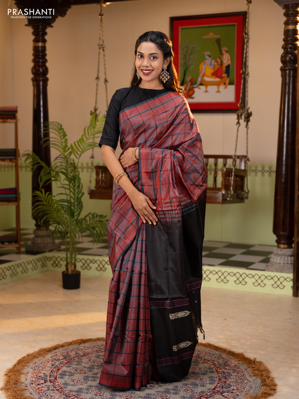 Banana pith saree red and elephant grey with allover checked pattern and piping border