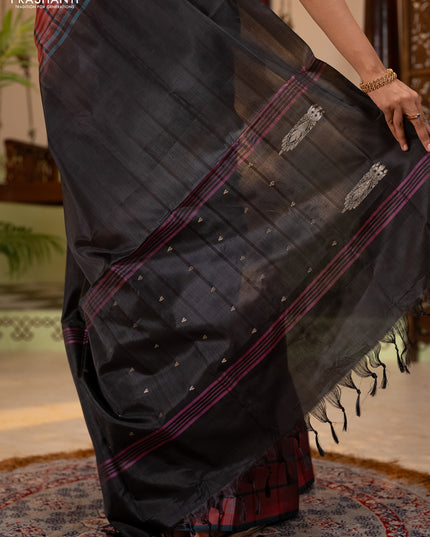 Banana pith saree red and elephant grey with allover checked pattern and piping border