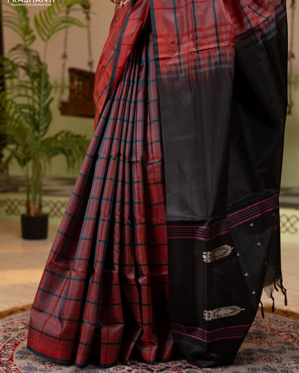 Banana pith saree red and elephant grey with allover checked pattern and piping border