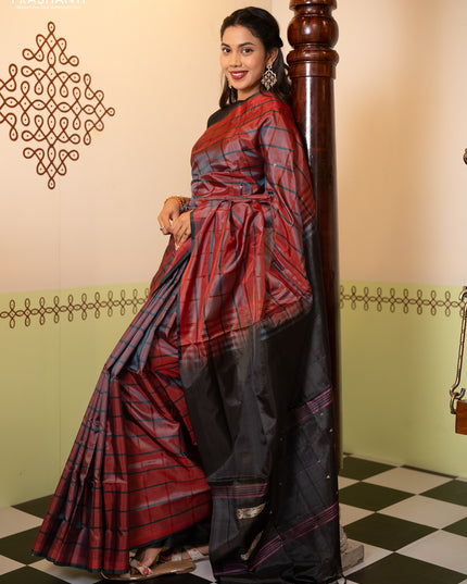 Banana pith saree red and elephant grey with allover checked pattern and piping border