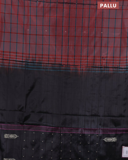 Banana pith saree red and elephant grey with allover checked pattern and piping border