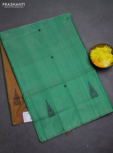 Banana pith saree green and sandal with thread woven buttas in borderless style