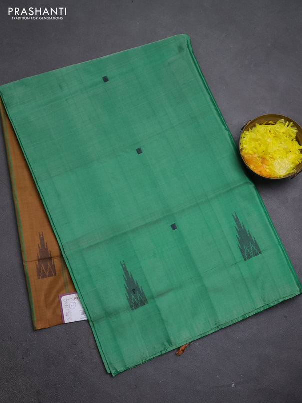 Banana pith saree green and sandal with thread woven buttas in borderless style
