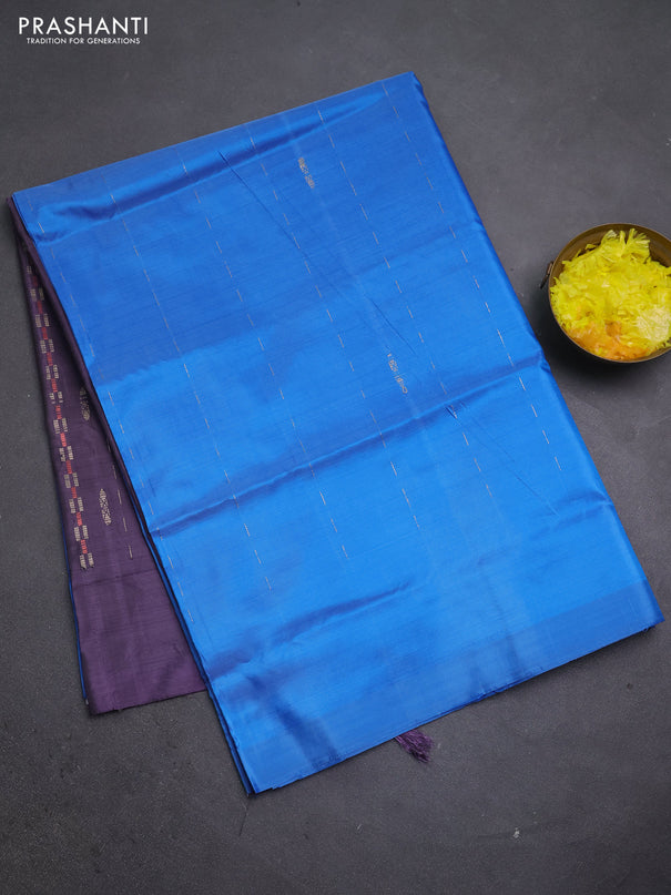 Banana pith saree cs blue and wine shade with thread woven buttas in borderless style