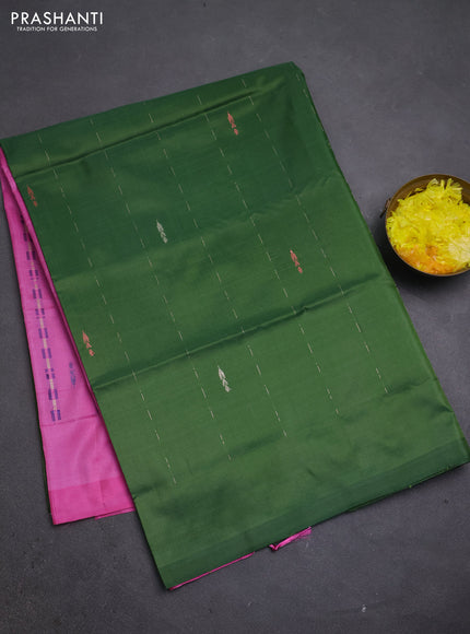 Banana pith saree green shade and pink with thread woven buttas in borderless style