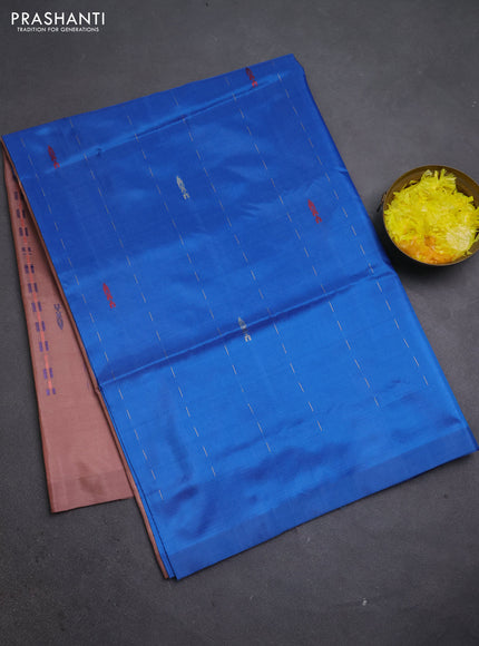 Banana pith saree cs blue and dark peach with thread woven buttas in borderless style