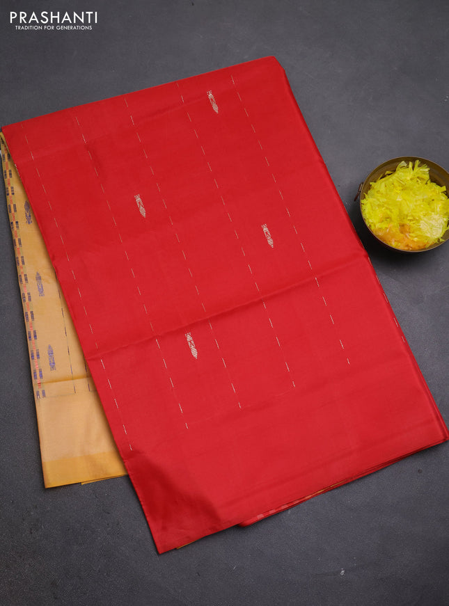 Banana pith saree red and pale orange with thread woven buttas in borderless style