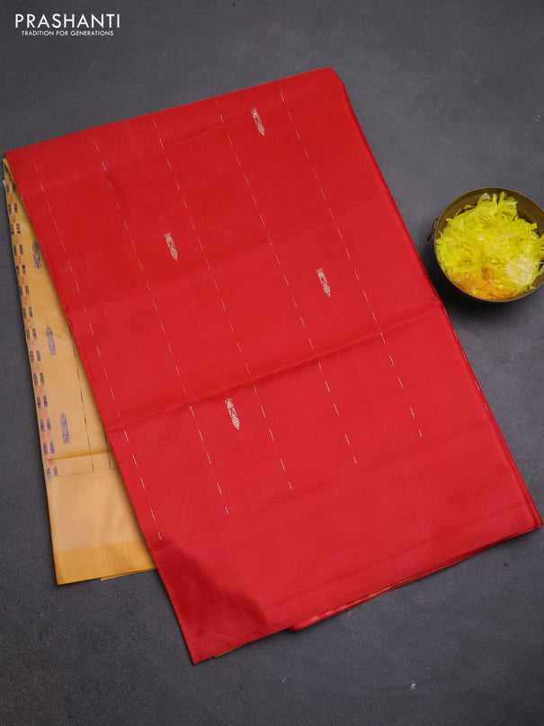 Banana pith saree red and pale orange with thread woven buttas in borderless style
