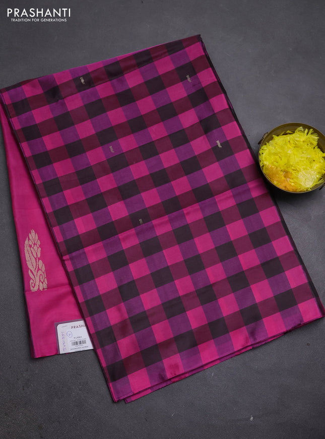 Banana pith saree black and pink with allover checks & thread buttas in borderless style