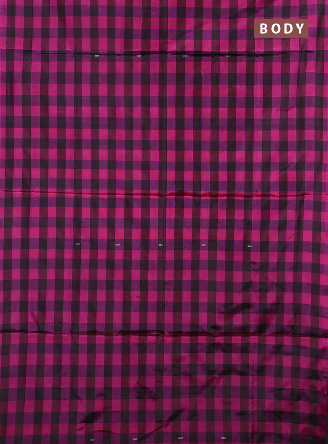 Banana pith saree black and pink with allover checks & thread buttas in borderless style