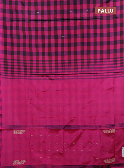 Banana pith saree black and pink with allover checks & thread buttas in borderless style