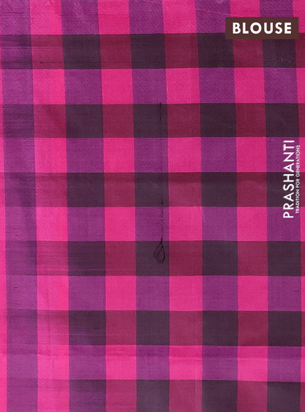 Banana pith saree black and pink with allover checks & thread buttas in borderless style