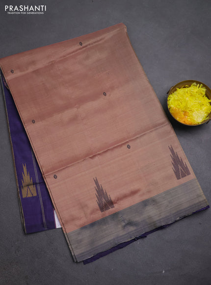 Banana pith saree dark beige and pastel violet with thread woven buttas in borderless style