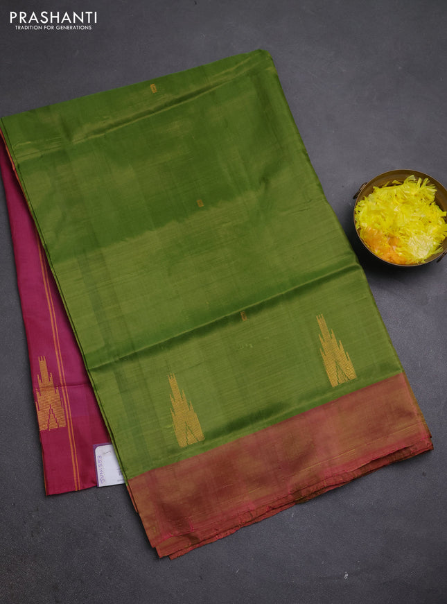 Banana pith saree mehendi green and peach pink with thread woven buttas in borderless style