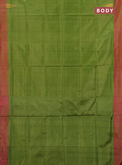 Banana pith saree mehendi green and peach pink with thread woven buttas in borderless style