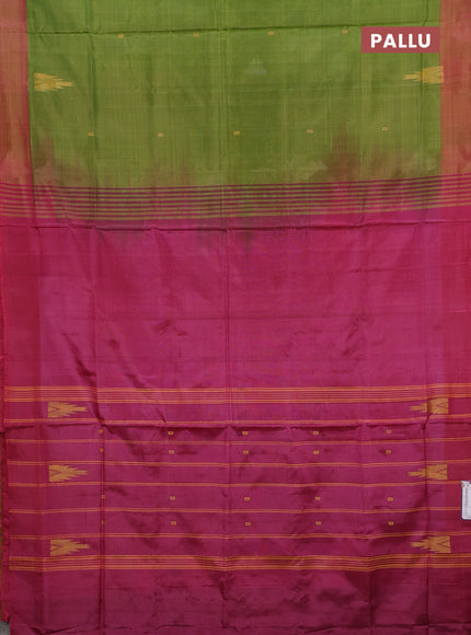 Banana pith saree mehendi green and peach pink with thread woven buttas in borderless style
