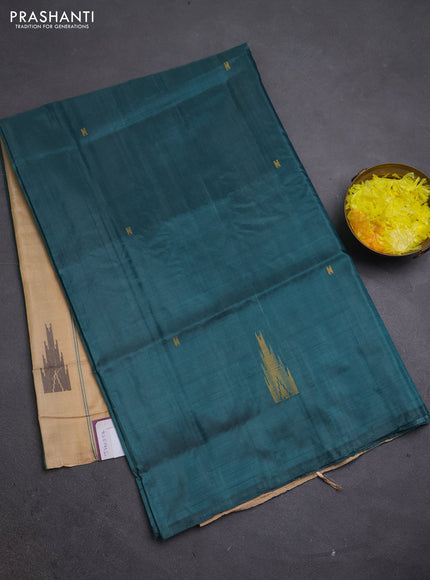 Banana pith saree peacock green and sandal with thread woven buttas in borderless style