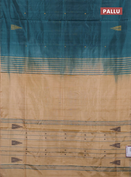 Banana pith saree peacock green and sandal with thread woven buttas in borderless style