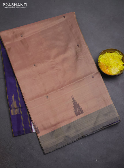 Banana pith saree dark beige and pastel violet with thread woven buttas in borderless style