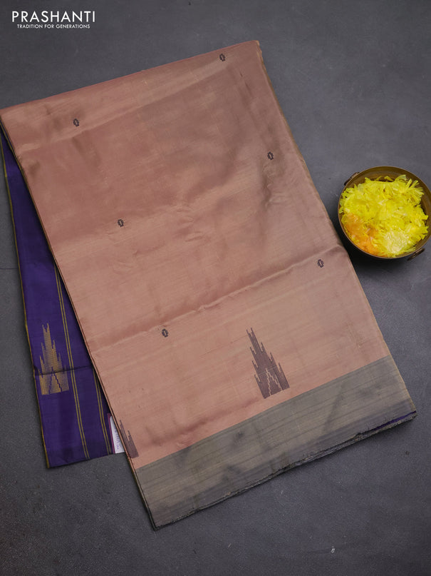Banana pith saree dark beige and pastel violet with thread woven buttas in borderless style