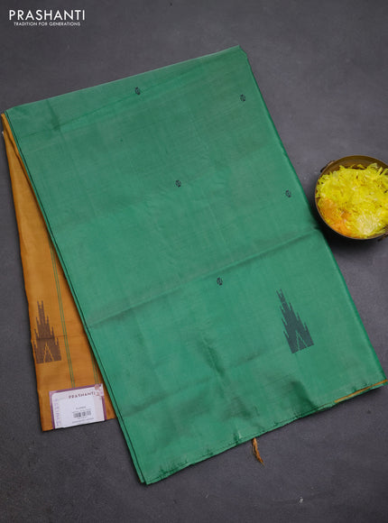 Banana pith saree green and mustard yellow with thread woven buttas in borderless style