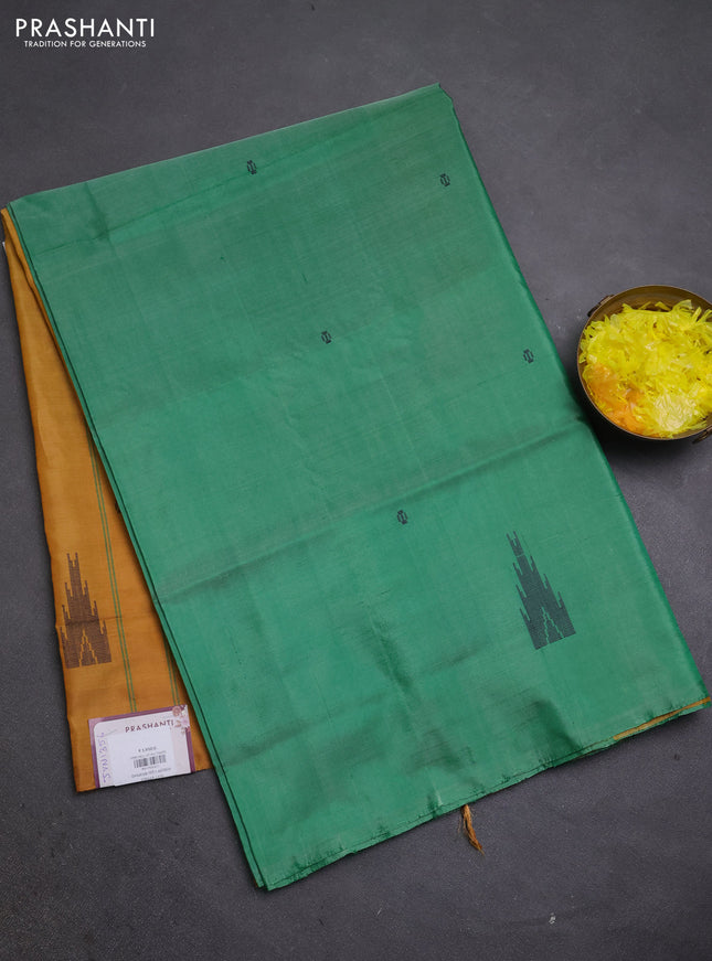 Banana pith saree green and mustard yellow with thread woven buttas in borderless style