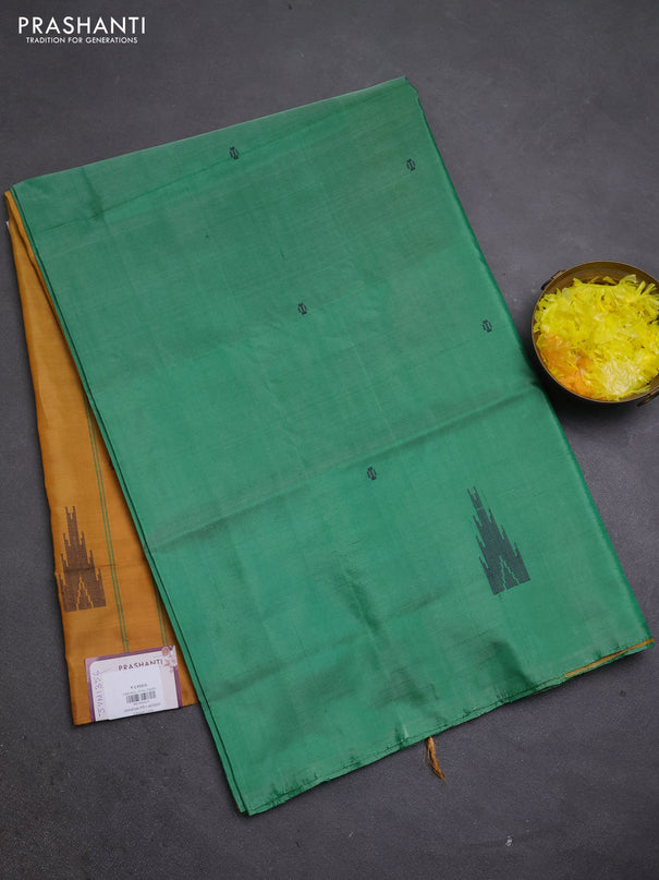 Banana pith saree green and mustard yellow with thread woven buttas in borderless style