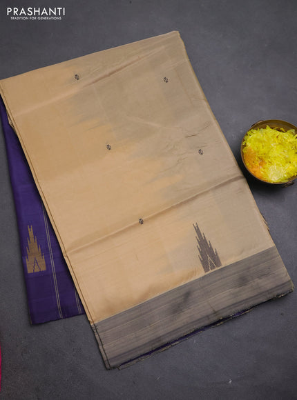 Banana pith saree beige and pastel violet with thread woven buttas in borderless style