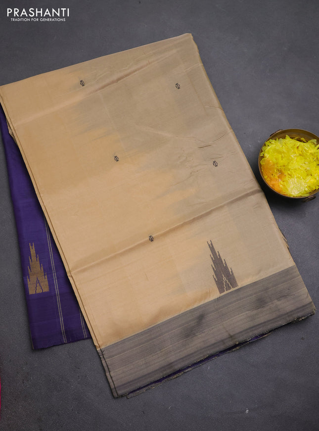 Banana pith saree beige and pastel violet with thread woven buttas in borderless style